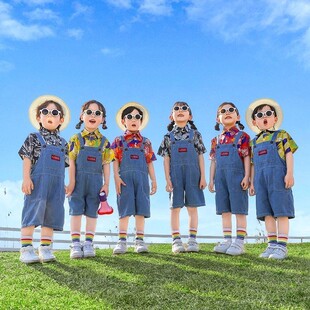 儿童演出服港风衬衫服装啦啦队小学生啦啦队团体牛仔背带裤短款