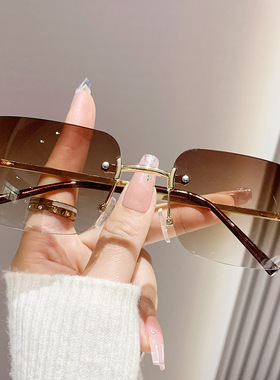 无框切边镶钻墨镜女茶色高级感渐变色圆脸太阳镜海边拍照防紫外线