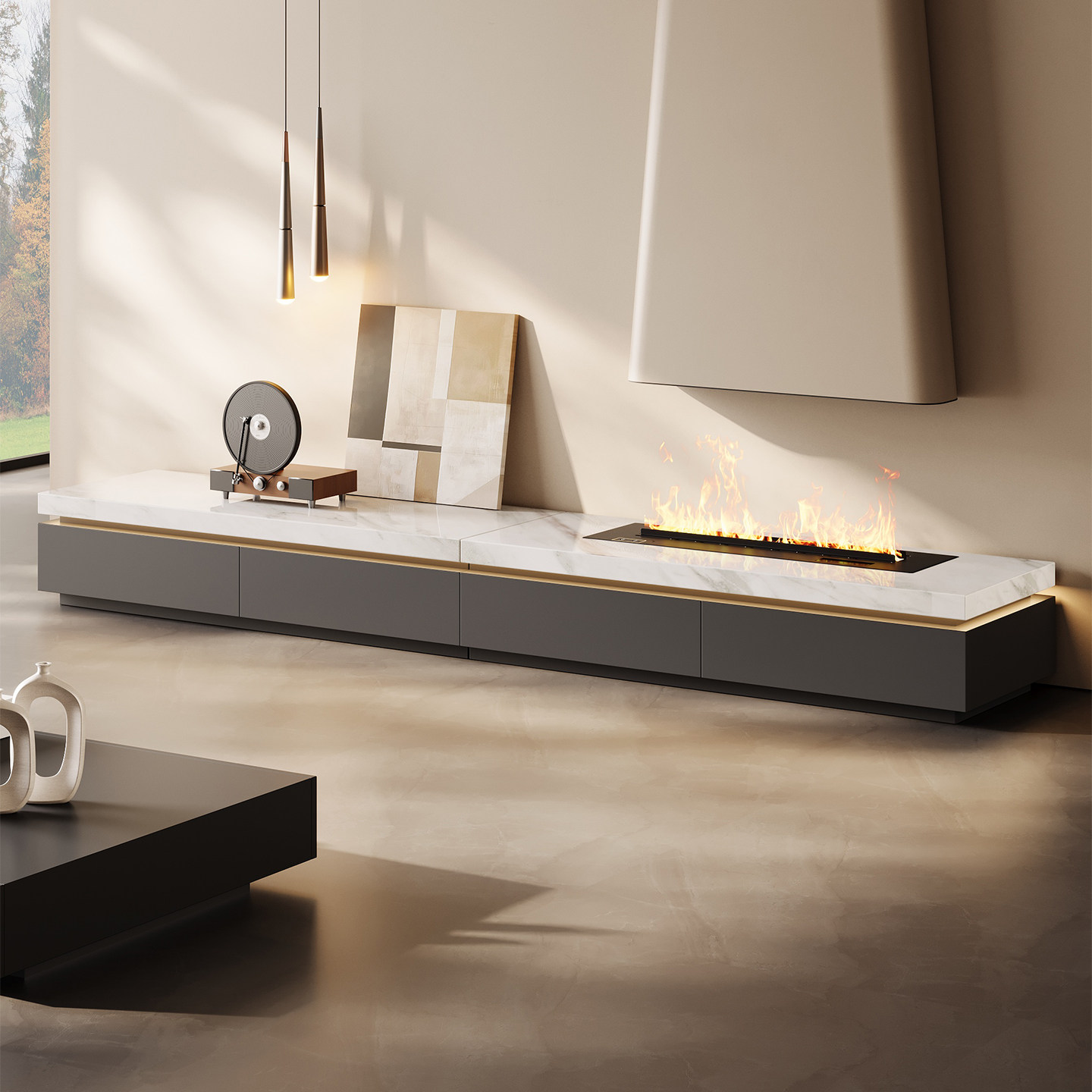 彼爱1生天然奢石电视柜地柜意式极简带壁炉高级感客厅落地电视柜,住宅家具,电视柜,淘宝优惠券,粉丝福利购,淘宝优惠卷