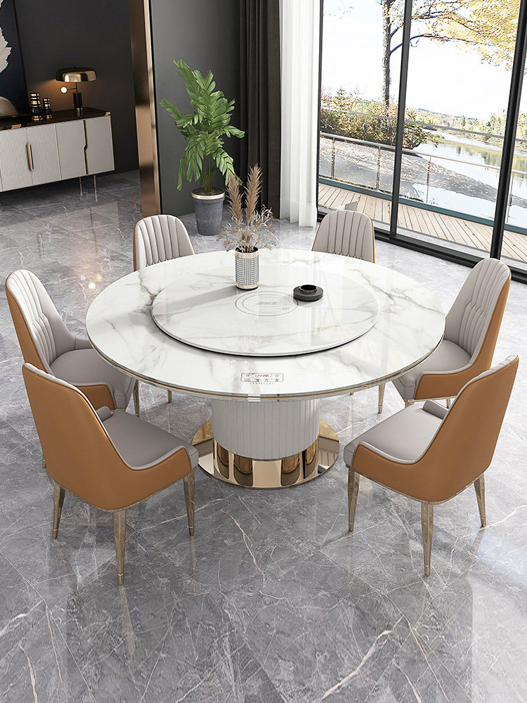 Pi Ai Nordic light luxury round dining table and chairs combination post-modern minimalist home with turntable Hong Kong-style stainless steel round table