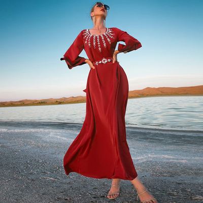 7057新款暗红色放射钻连衣裙带腰带中东女装长裙子阿拉伯连衣裙女