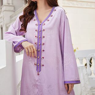塔吉克斯坦民族风女装 长裙子提花手工缝钻连衣裙浅紫色长袍女9010