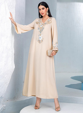 Arabian dress宽松休闲立体花朵刺绣MUSILIN长袍跨境时尚连衣裙女