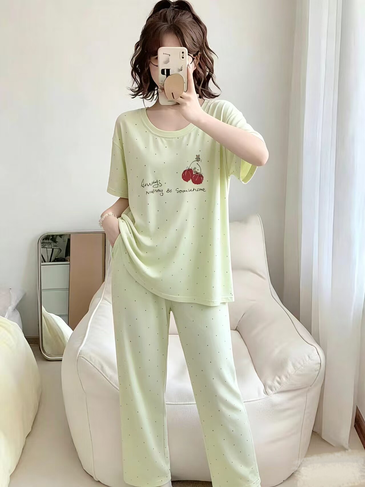睡衣夏季女士半袖长裤休闲舒适套睡衣/家居服套装
