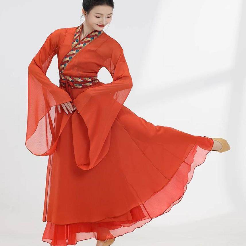 芙帛古典舞蹈服装水袖服复古撞色飘逸练功服长款纱衣中国风演出服