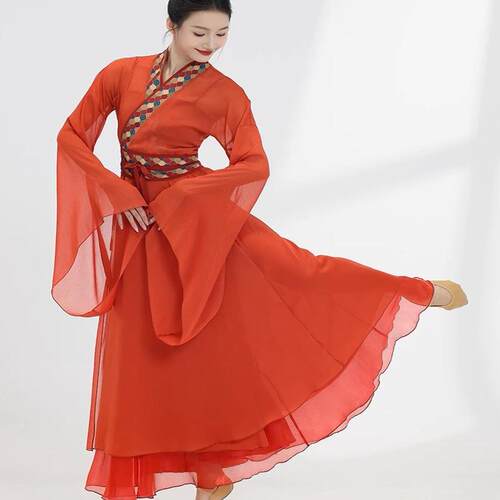 芙帛古典舞蹈服装水袖服复古撞色飘逸练功服长款纱衣中国风演出服