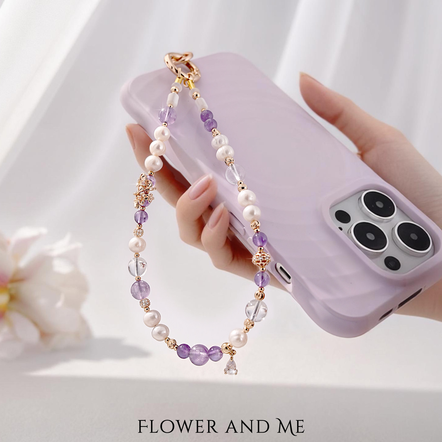 F&M天然珍珠紫水白水晶锆石14K金钢绳牢固精致手机链车钥匙链包