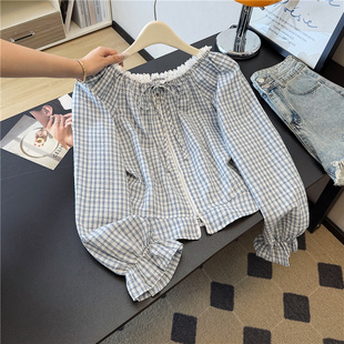 法式复古格子拉链长袖衬衫女秋季韩系穿搭宽松气质别致一字领上衣