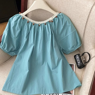 独特超好看宽松显瘦百搭上衣潮 女夏季 高级设计感编织串珠短袖 衬衫