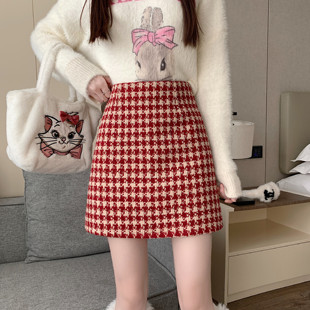 毛呢半身裙女2025新款秋冬款高腰时尚修身呢子红色a字包臀裙短裙