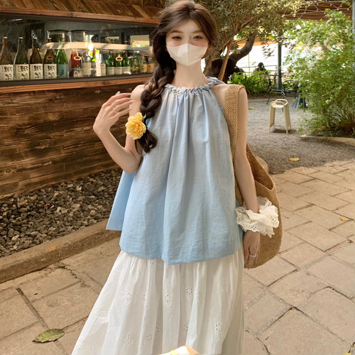 天蓝色挂脖露肩上衣女夏