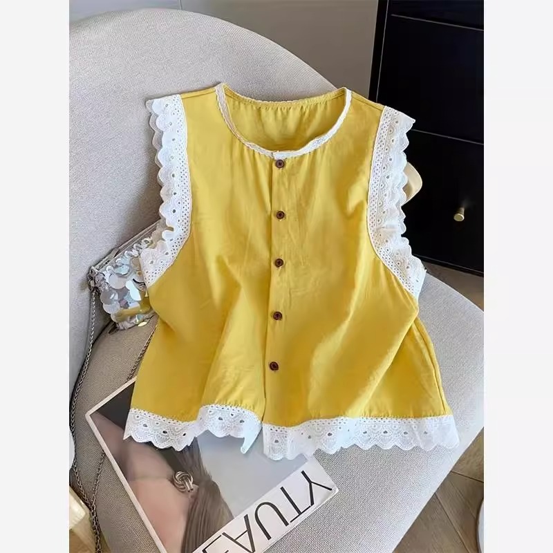 蕾丝花边拼接无袖衬衫