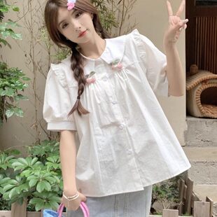 2026夏季新款法式甜美可爱小众娃娃领上衣女士设计感白色短袖衬衫