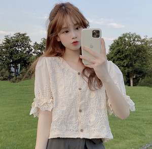 RM21117#法式复古泡泡短袖衬衫女夏季小众刺绣宽松衬衣上衣开衫