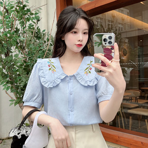 RM8563#夏装新款娃娃领短袖衬衫女设计感小众上衣女