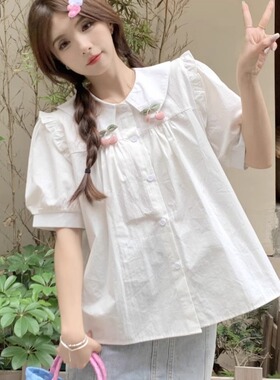 2025夏季新款法式甜美可爱小众娃娃领上衣女士设计感白色短袖衬衫