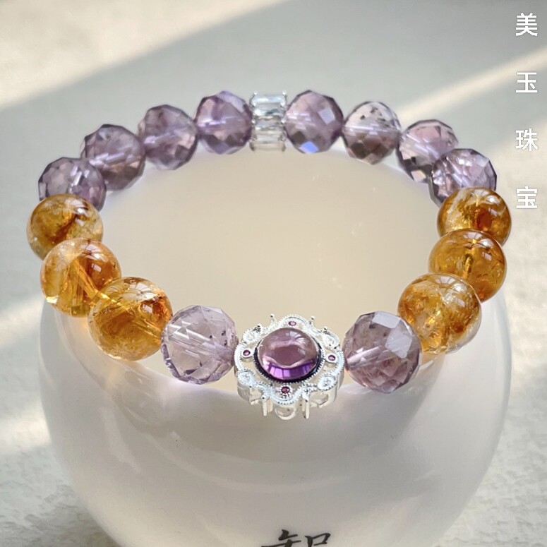 天然紫黄晶手链手串紫水晶紫晶黄水晶切面多面体高档女新款新中式