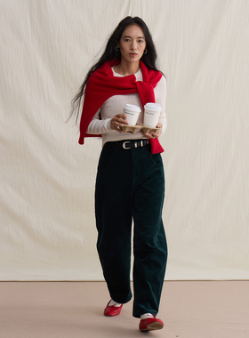 withwater日本进口水洗1oo%全棉墨绿色微弧灯芯绒休闲裤女高腰