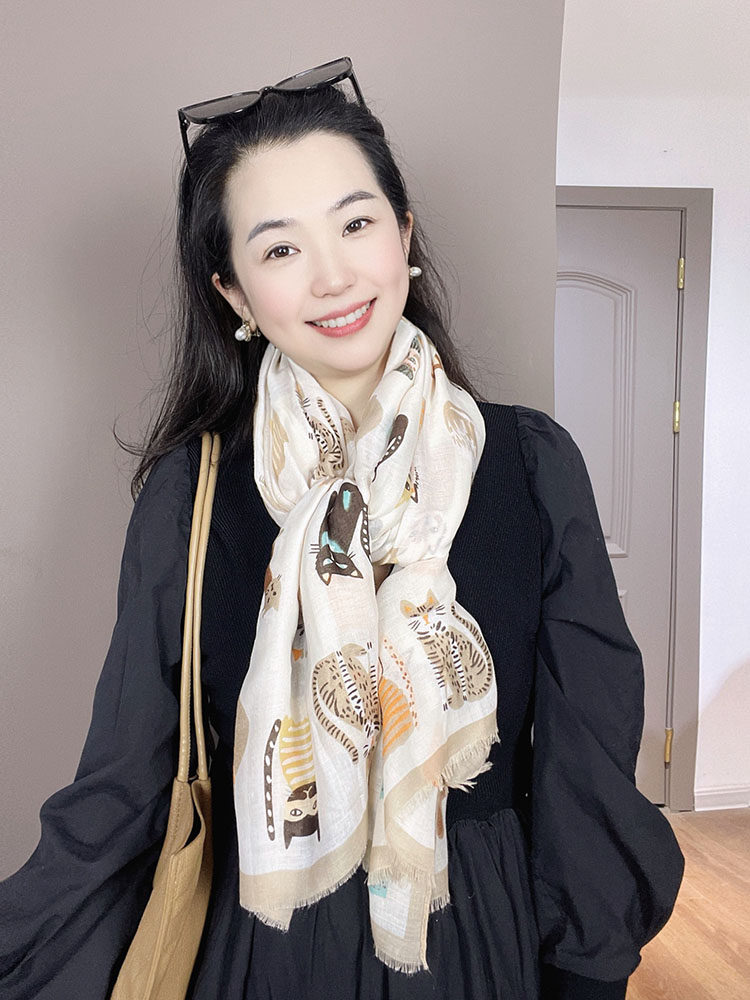 棉麻围巾女米色小猫图案时尚洋气春夏季护颈旅游防晒拍照披肩领用,服饰配件/皮带/帽子/围巾,围巾/丝巾/披肩,淘宝优惠券,粉丝福利购,淘宝优惠卷