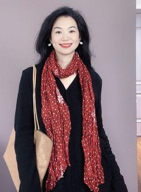 文艺复古！红色波点褶皱棉麻围巾女2026新款春秋薄款护颈长条围脖