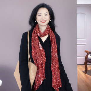 文艺复古！红色波点褶皱棉麻围巾女2026新款春秋薄款护颈长条围脖