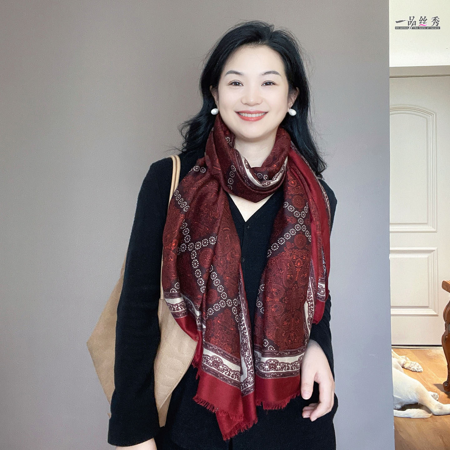 酒红色棉麻围巾女冬季高级感文艺春秋民族风保暖护颈围脖披肩两用