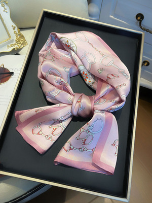 四季粉色桑蚕丝双层窄细长条丝巾