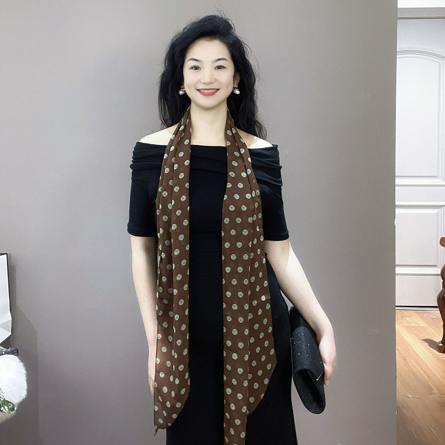 时髦款！咖色波点雪纺丝巾女2025新款长条薄款护颈装饰法式小围巾