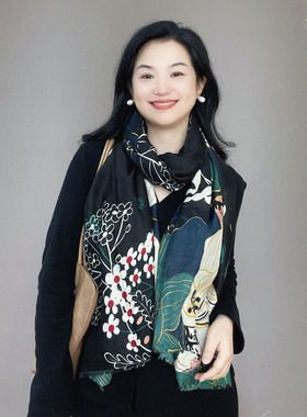 独特迷人！高级感黑色棉麻围巾女士春秋薄款时尚气质护颈围巾披肩