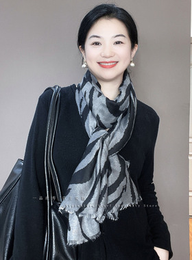 灰黑色斑马纹棉麻围巾女冬季丝巾春秋薄款纱巾韩版百搭披肩围脖
