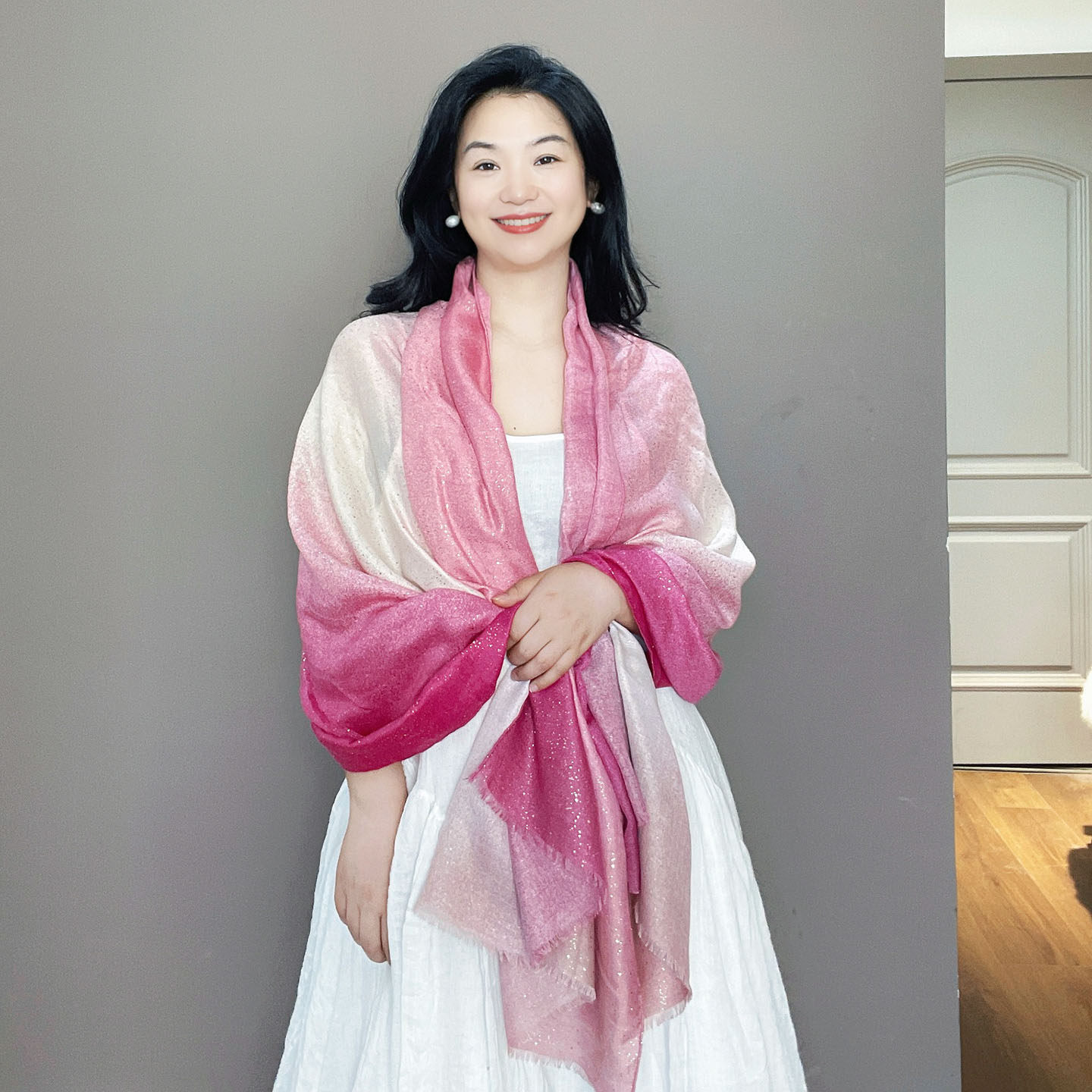 烫金玫红色渐变棉麻围巾女士夏季防晒旅游包头空调房披肩外搭丝巾