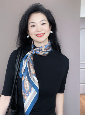 典雅大气！雾霾蓝色金色腰果真丝丝巾女方巾100%桑蚕丝65领巾围巾
