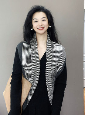 高级感！灰色条纹棉麻90大方巾女士春秋护颈装饰围巾披肩丝巾围脖