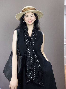 「赫本风黑色波点」100%真丝乔其纱丝巾女春夏气质桑蚕丝丝小围巾