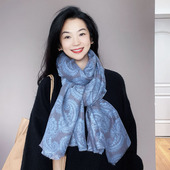 蓝色腰果围巾女冬季 加厚保暖护颈围脖春秋高级感披巾披肩 2025新款