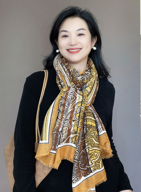 黄色腰果花围巾女冬季2026新款高级感春秋冬薄款棉麻复古保暖围脖