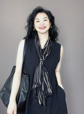 黑色乔其纱桑蚕丝真丝丝巾女士系脖高级感飘带细窄长条纱巾小围巾