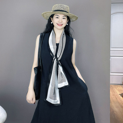 黑白条纹长条真丝丝巾女2025新款时尚洋气高档100%桑蚕丝围巾领巾