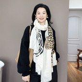 高级感薄款 2026新款 围脖 金钱豹米色棉麻围巾女春秋冬季 柔软亲肤
