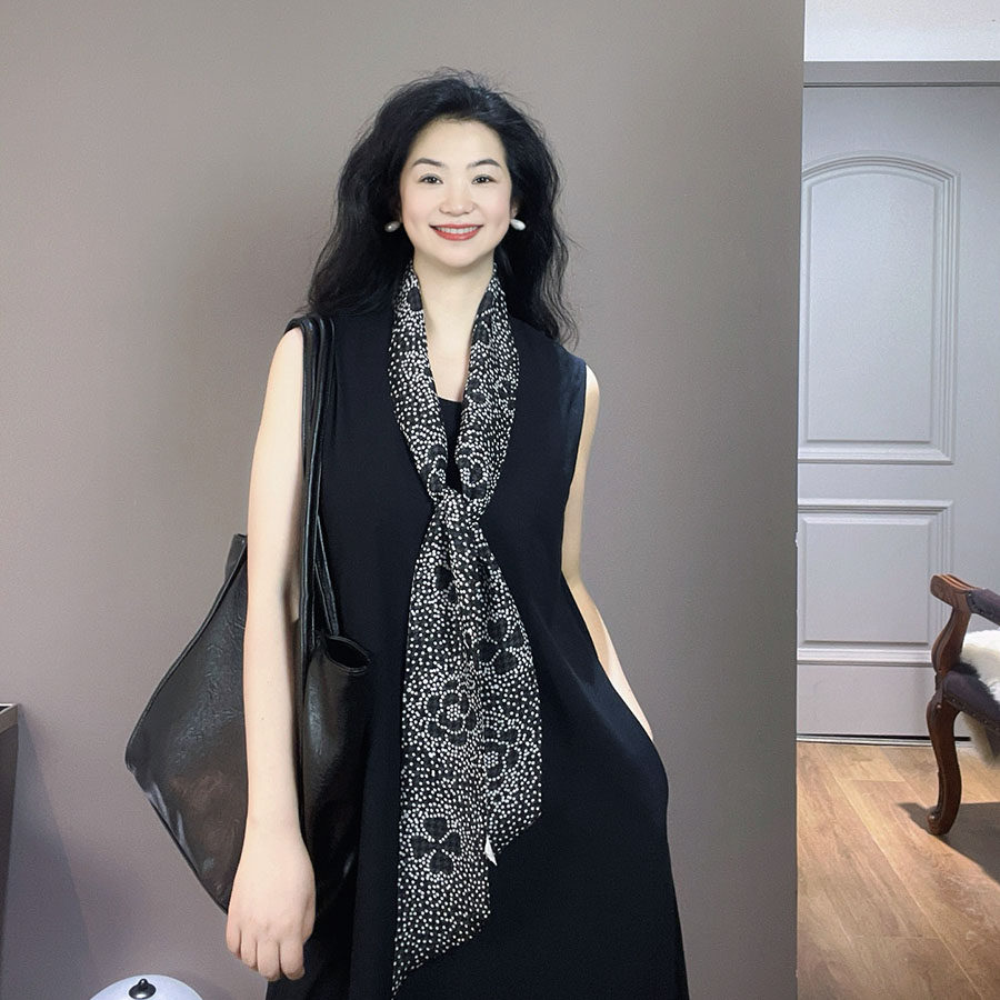 双层波点千鸟格拼色长条真丝丝巾女士100%桑蚕丝高档送礼飘带围巾