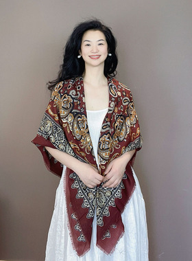 轻奢风！枣红色腰果花民族风披肩外搭女士2025新款围巾搭配裙子
