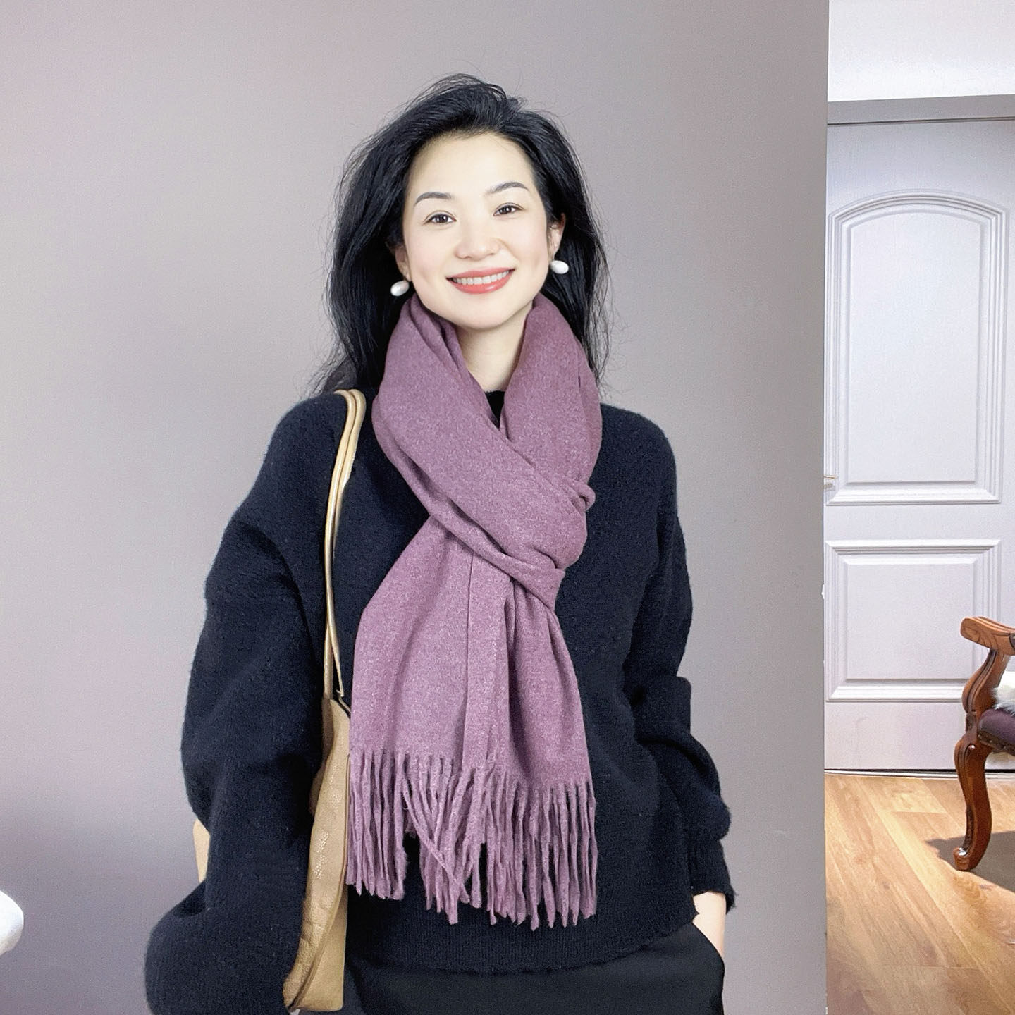 时髦款！酱紫色仿羊绒围巾女冬季高级感纯色显白加厚保暖围脖披肩