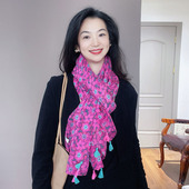 民族风流苏护颈保暖棉麻围脖 春秋薄款 玫红色围巾女冬季 2025新款