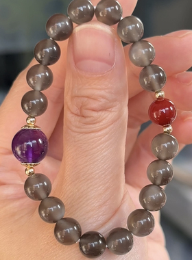 石头的日记  黑夜中的月 高品质天然灰月光朱砂紫水晶手串