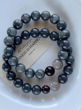 小众设计百搭复古简约气质天然黑拉长石灰月光石榴石手串女款