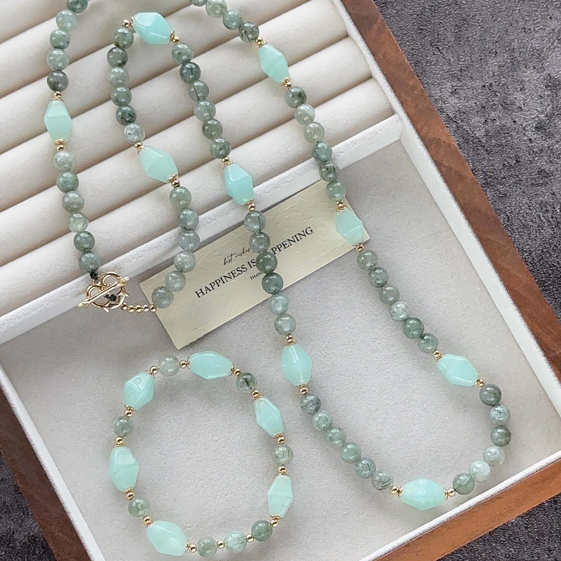 原创设计新中式国风小众天然绿发晶古法琉璃珠长项链手链套装女