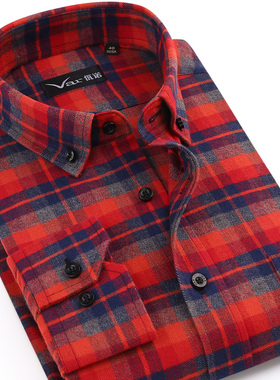 var高端纯棉法兰绒长袖衬衫红色格男款厚磨毛衬衫休闲寸衣秋新款