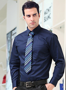 var春秋新款男士长袖衬衫深蓝色纯棉商务爸爸装酒红色衬衣佤诺