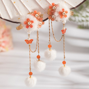 汉服女童冬款发夹儿童古风毛球发饰宝宝国风百搭仙气头饰流苏对夹