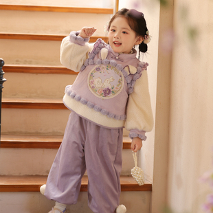 汉服女童冬装女孩新中式国风夹棉加厚裤子套装宝宝古风日常风唐装